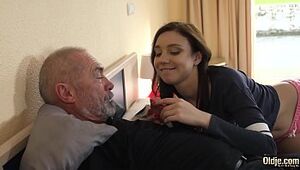 Mischievous grandfather pokes youthful female hard-core and she gargles his shaft before guzzling the cum-shot