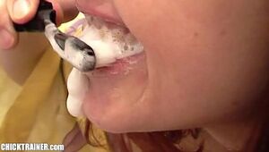 ...and then THIS HAPPENED! Huge-titted tiny red-haired Britney Guzzles is brushing her teeth with semen. Plus 2 bonus clips: Chewing jism & a blinded cum guzzling shot. Repugnant homemade Chicktrainer videos!